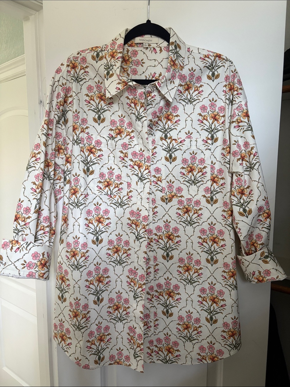 Favorite Daughter White Floral Button-Down Shirt with Pink & Yellow Flowers